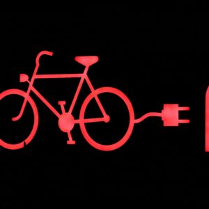 Glowing red outline of an electric bicycle and charging plug on a black background.