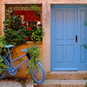 Vibrant blue bicycle against a colorful urban wall adorned with lush flowers and plants.
